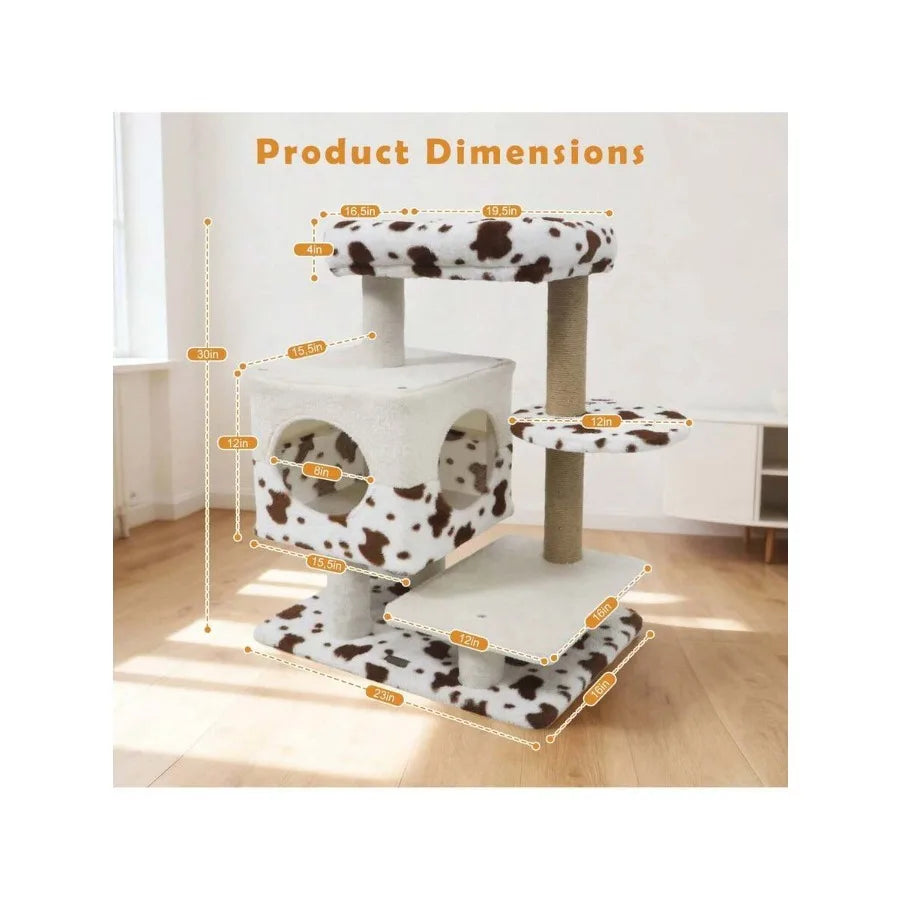 Modern Cat Tree With Wide Upholstered Perch and 2-Entrance Cat Condo Scratching Posts
