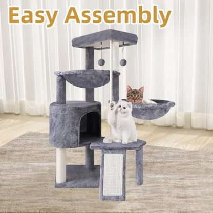 Three Layer Cat Tree with Cat Condo Scratch Pad and Two Hammocks, 3-Tier Cat Tree, Natural Sisal, Replaceable Hanging Balls, St