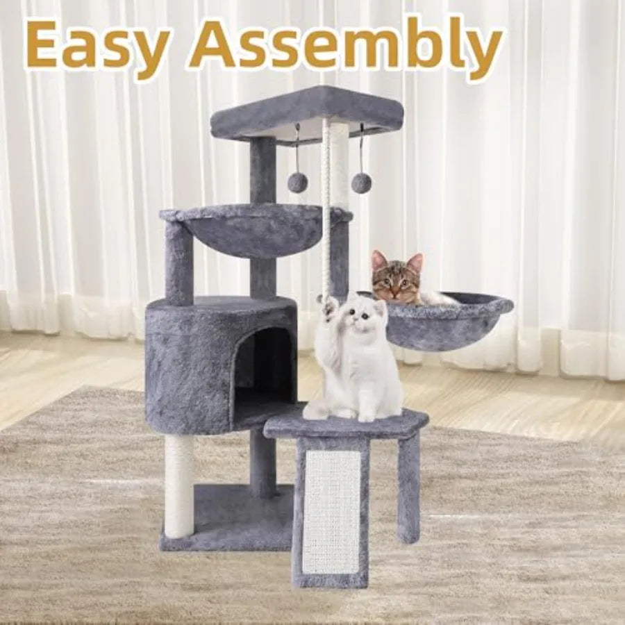 Three Layer Cat Tree with Cat Condo Scratch Pad and Two Hammocks, 3-Tier Cat Tree, Natural Sisal, Replaceable Hanging Balls, St