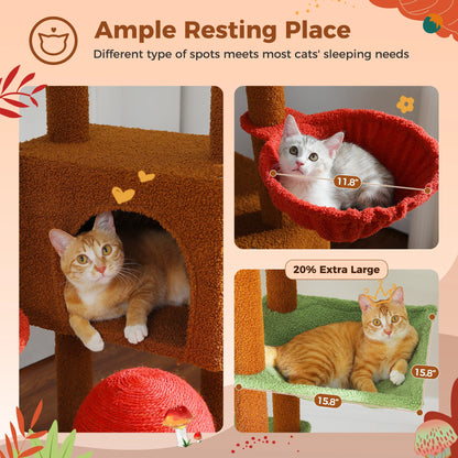 Cat Tree Floor to Ceiling Cat Tower Adjustable Height with Cat Condo Cozy Hammock and Scratching Post Tall Activity Tree Borwn