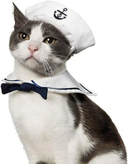 Pet Sailor Costume for Cats Small Dogs, Cat Halloween Costumes, Small Dog Sailor Outfit, Cat Sailors Hat with Tie Collar, Pet Navy Costume for Kitten Puppy Statue Decoration