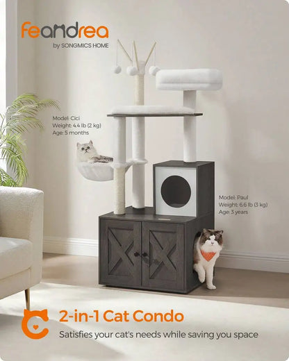 Cat Tree With Litter Box Enclosure, 2-In-1 Modern Cat Tower, 55.1-Inch Cat Condo With Scratching Posts, Removable Pompom Sticks, Greige