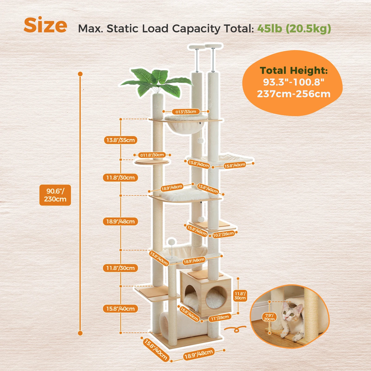 Height Adjustable Wooden Cat Tree with Large Hammock Sisal Scratching Posts Floor to Ceiling Cat Tower Cozy Cat Condo for Indoor