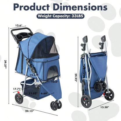 3 Wheels Pet Stroller, Cats And Dog Strollers With Storage Basket And Cup Holder, Breathable Mesh, Lightweight Travel Carrier,