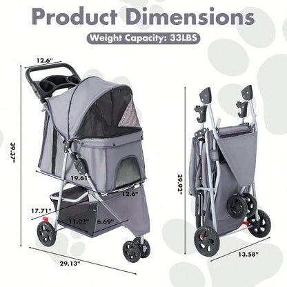 3 Wheels Pet Stroller, Cats And Dog Strollers With Storage Basket And Cup Holder, Breathable Mesh, Lightweight Travel Carrier,
